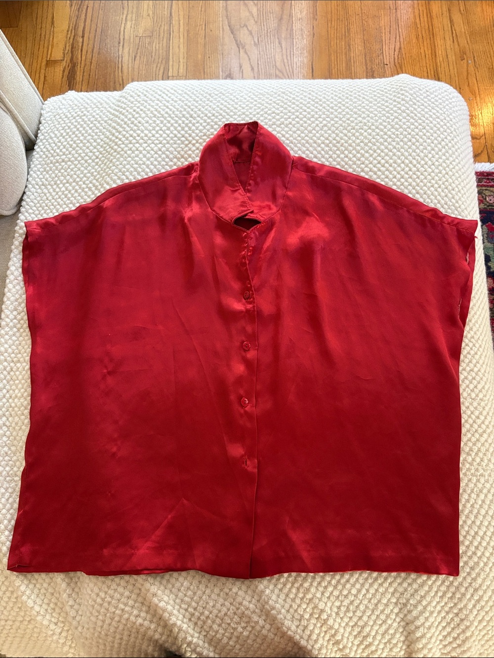 Flowy Red Button-Front Silk Top